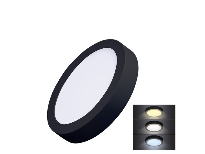 Solight LED mini panel CCT, přisazený, 12W, 900lm, 3000K, 4000K, 6000K, kulatý, černá barva