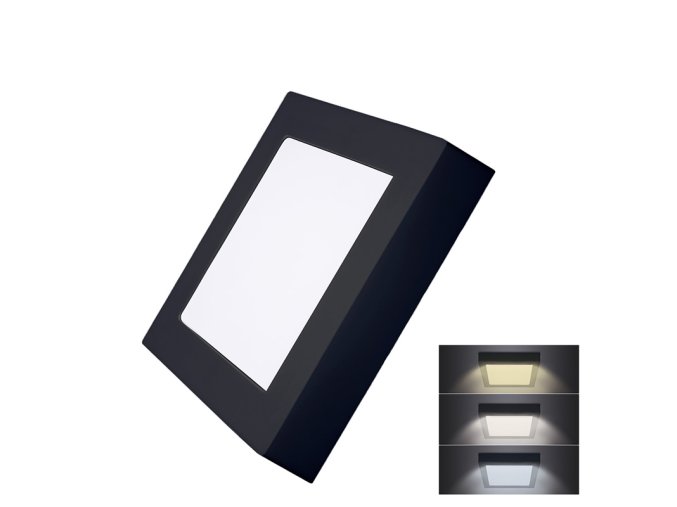 Solight LED mini panel CCT, přisazený, 12W, 900lm, 3000K, 4000K, 6000K, čtvercový, černá barva