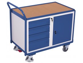 Dílenský vozík, 4 zásuvky a skříňka, Variofit, do 250 kg, š x h x v: 112,5 x 62,5 x 101 cm, modrá/antracit (Barva antracit RAL7016)