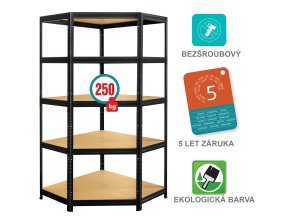 Kovový bezšroubový regál FUTUR rohový, 180 x 70 x 30 cm, 5 polic, MDF, nosnost 250 kg, černý