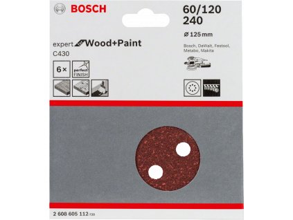 BOSCH C430 (P60, 120, 240) sada brusných papírů 125mm Expert For Wood+Paint, 6 ks