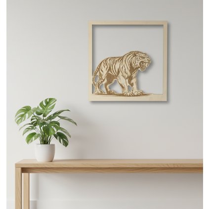 Dřevěný panel s tygrem, precizní laserové gravírování