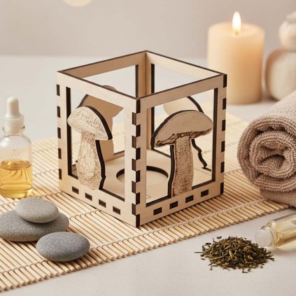 Dřevěný svícen z březové překližky s motivem hub