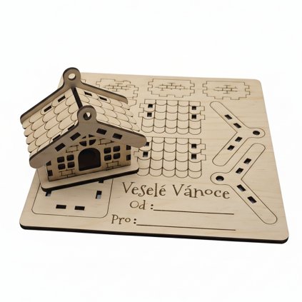 Dřevěná vánoční stavebnice chaloupky z překližky s gravírováním Veselé Vánoce