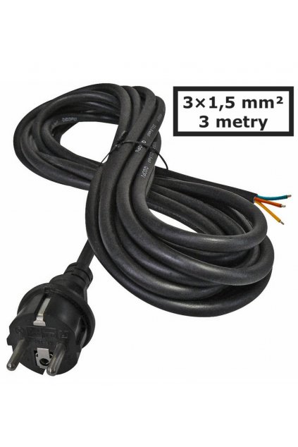 Přívodní kabel gumový 3x 1,5mm2, 3m, 16A,  černá