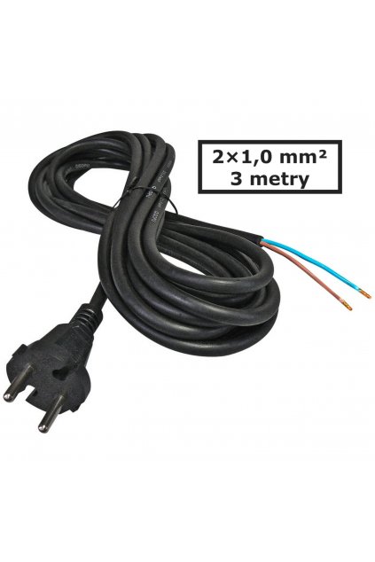 Přívodní kabel gumový 2x 1,0mm2, 3m, 10A, černá