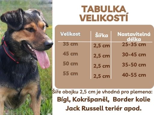 Tabulka velikostí obojek popruh