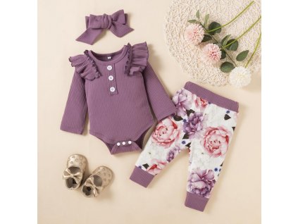 Set body, kalhot a čelenky květiny pro holčičku fialové