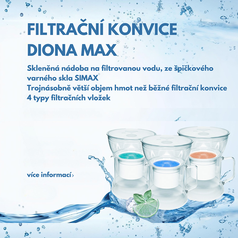 Filtrační konvice Diona Max®. Skleněná nádoba ze špičkového varného skla SIMAX. Trojnásobně větší objem hmot než běžné filtrační konvice.