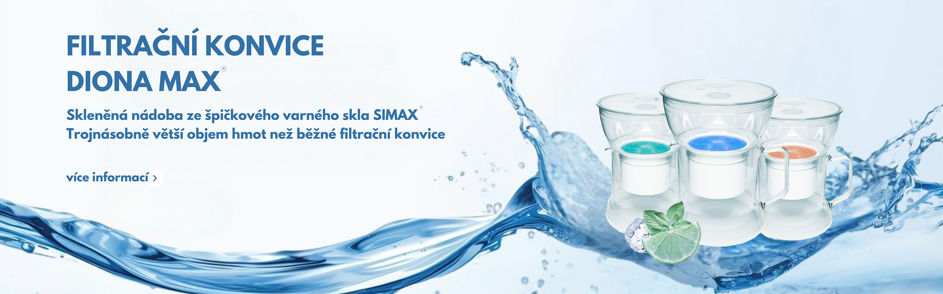 Filtrační konvice Diona Max®. Skleněná nádoba ze špičkového varného skla SIMAX. Trojnásobně větší objem hmot než běžné filtrační konvice.