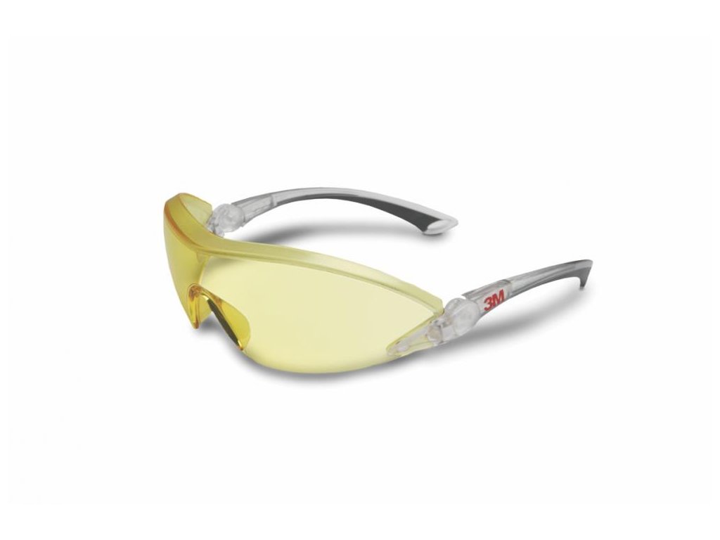 2842 ochranné brýle, žlutý polykarbonátový zorník, integrované chrániče obočí, polohovatelné postranice s nastavitelnou délkou, měkké vnitřní polstrování