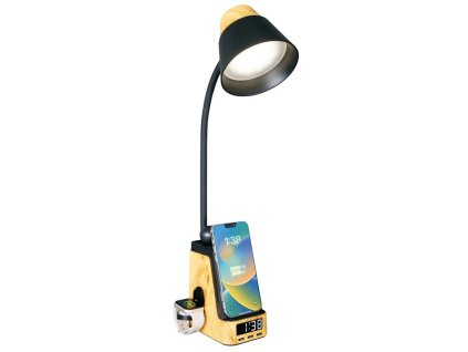 IMMAX LED stolní lampička IDEAL/ Qi nabíjení/ CCT/ 8W/ 800lm/ budík s hodinami/ světlé dřevo/černá 09000L