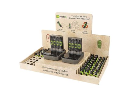 Stojan GP ReCyko Premium / 2×nabíječka GP + dock / 26×AA + 16×AAA / 2×USB-A adaptér