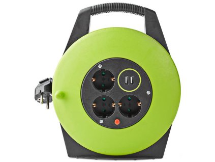 NEDIS kabelový buben/ 3x 1,5 mm2/ 3x zásuvka/ tepelná elektrická pojistka/ Typ F/ USB/ zeleno-černá/ 10 m PECCR10UFGN