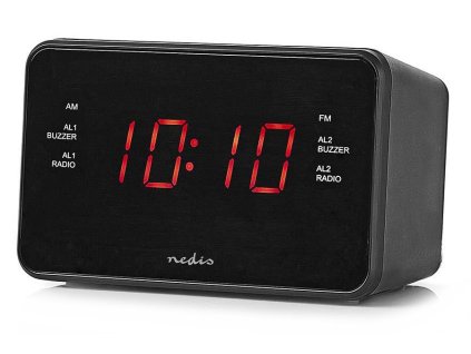 NEDIS digitální budík s rádiem/ LED displej/ 3,5 mm jack/ AM/ FM/ odložené buzení/ časovač vypnutí/ 2 alarmy/ černý CLAR002BK