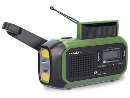 NEDIS přenosné nouzové rádio/ napájení z baterie 2500 mAh/ z USB/ solární panel/ DAB+ / FM/ budík/ světlo/ černo-zelené RDDBCR2000GN