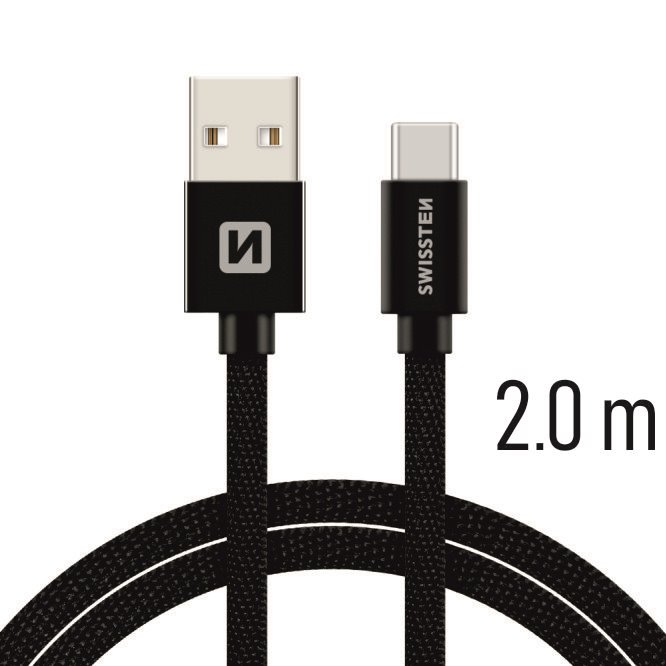 DATOVÝ KABEL SWISSTEN TEXTILE USB / USB-C 2,0 M ČERNÝ