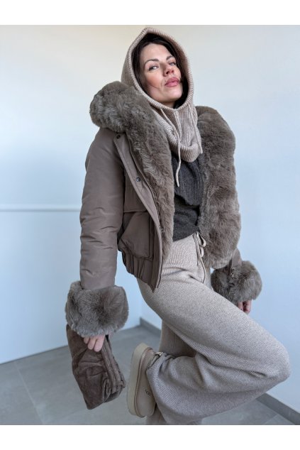 Taupe hnedá bunda s mohutnou kožušinou 4639