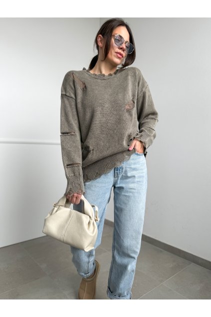 Taupe svetrík s efektom potrhania  6302