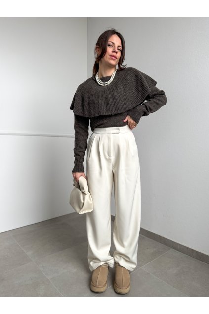 Krémové široké nohavice so zateplením 3249