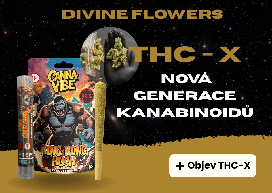 Banner Divine Flowers THC-X – nová generace kanabinoidů, produkt King Kong Kush s pre-rollem a květy, prémiové THC-X květy na tmavém pozadí.