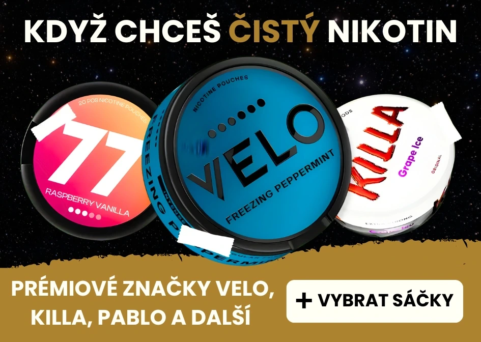 Nikotinové sáčky 77 Raspberry Vanilla, VELO Freezing Peppermint a Killa Grape Ice zobrazené na zeleném pozadí v porovnání nejlepších snus produktů.