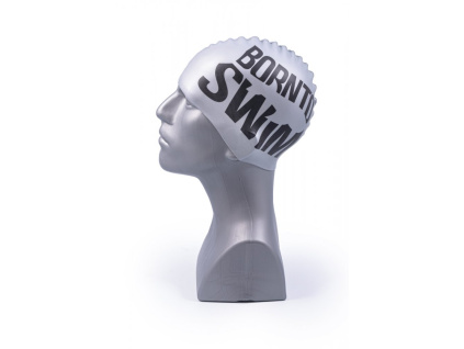 Silikonová čepice stříbrná BornToSwim®  Classic, velké černé logo (Barva stříbrná, Velikost 23)