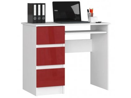 Psací stůl levý 90x50x77 cm bílý/červený lesk