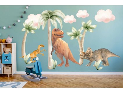 Samolepka dinosaurů mezi palmami a mraky