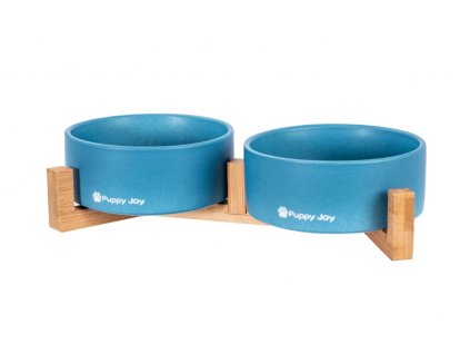 Keramická miska s bambusovým stojánkem pro zvířata - modrá