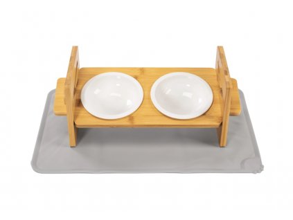 Bílá keramická miska s nastavitelným bambusovým stojánkem pro zvířata + šedá silikonová podložka