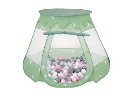 Suchý bazén stan zámek mátovy s míčky šedo-růžovo-mátové 100 ks