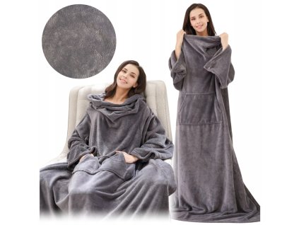 Velká teplá kožešinová deka s rukávy, šedá deka 2v1