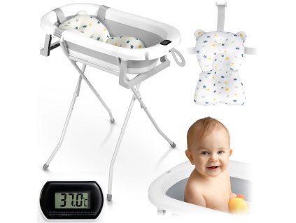 Skládací dětská vanička se stojanem, teploměrem a novorozeneckou vložkou – bílo-šedá