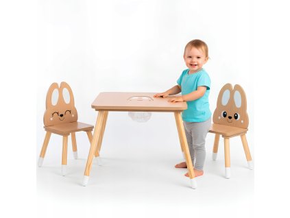 Dřevěný stoleček s úložným prostorem a 2 židličkami – Roztomilý Králíček