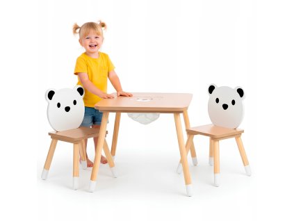 Dřevěný stoleček s úložným prostorem a 2 židličkami – Roztomilý Medvídek