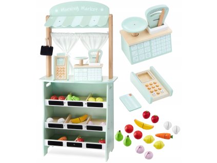 Velký dřevěný obchod – stánek a divadlo 2v1 s váhou, platebním terminálem, ovocem a zeleninou