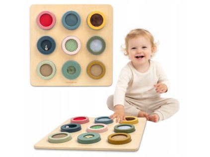 Dřevěná senzorická tabule Montessori – 9 textur k objevování a rozvoji smyslu hmatu