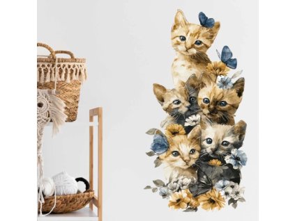 Samolepka na zeď – koťátka mezi květinami