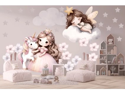 Samolepka na zeď – princezna a jednorožec