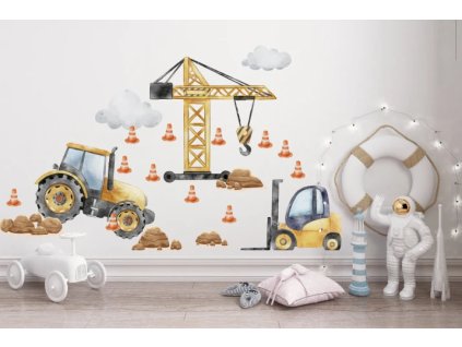 Samolepka na zeď – jeřáb a traktor