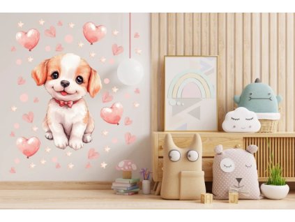 Samolepka na zeď – pejsek a růžová srdíčka