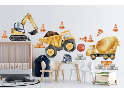 Samolepka na zeď – bagr, sklápěčka a míchačka