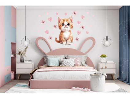 Samolepka na zeď – koťátko a růžová srdíčka