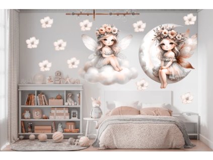 Samolepka na zeď - květinové víly na obláčcích