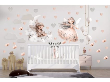 Samolepka na zeď - víly a měsíc