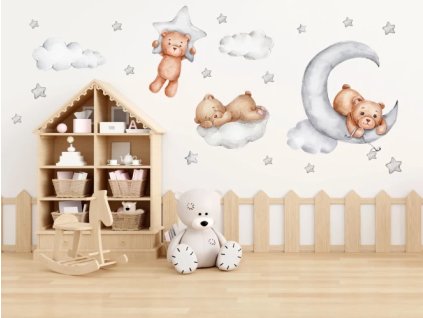 Samolepka na zeď – medvídci a šedé obláčky
