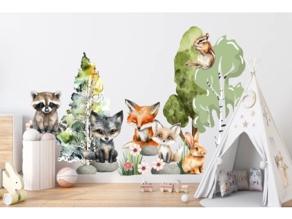 Samolepka na zeď – liška, mýval a králík