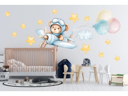 Samolepka na zeď – medvídek v letadle