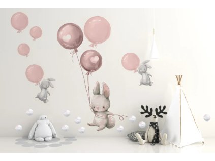 Samolepka na zeď – králíčci a růžové balónky